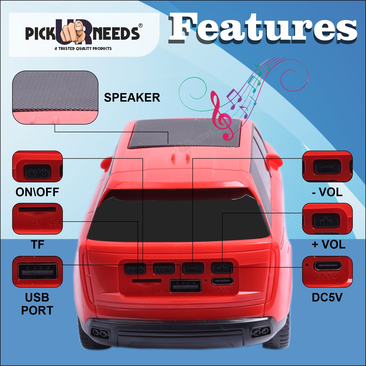 Pick Ur Needs Car Design Wireless Speaker USB / TF Card / FM Support RGB Light 1200mAh Battery 10 W Bluetooth Speaker